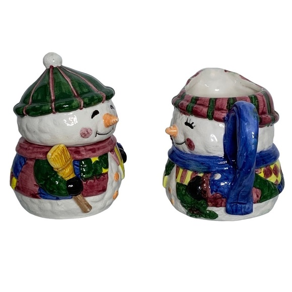 Vintage Snowman Cream Pitcher Sugar Bowl Set Artisan Ceramic Winter Christmas - Picture 4 of 16